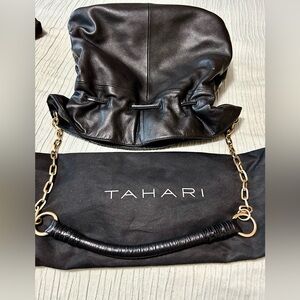 Tahari Black Leather Shoulder Bag with Gold Chain